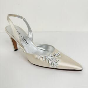 St. John Size 6 Vintage Satin Off White Slingback Crystal Wedding Bridal Heels